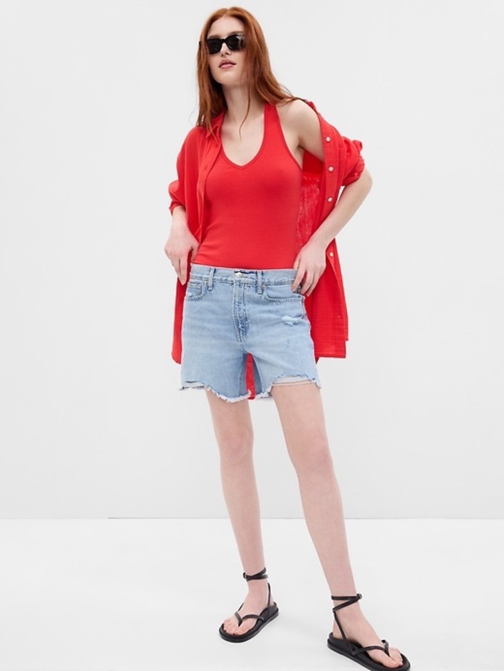 GAP Gauze Red Long-Sleeve Tunic Button-Down Shirt